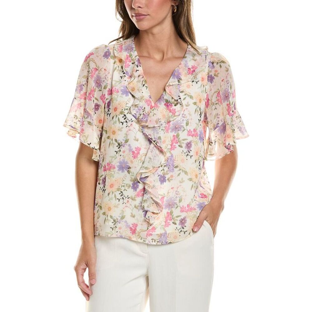 Cece Womens  Flutter Sleeve Ruffled Top, Ivory